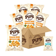 Pipcorn front packaging showing cheddar balls and branding for clear product ID