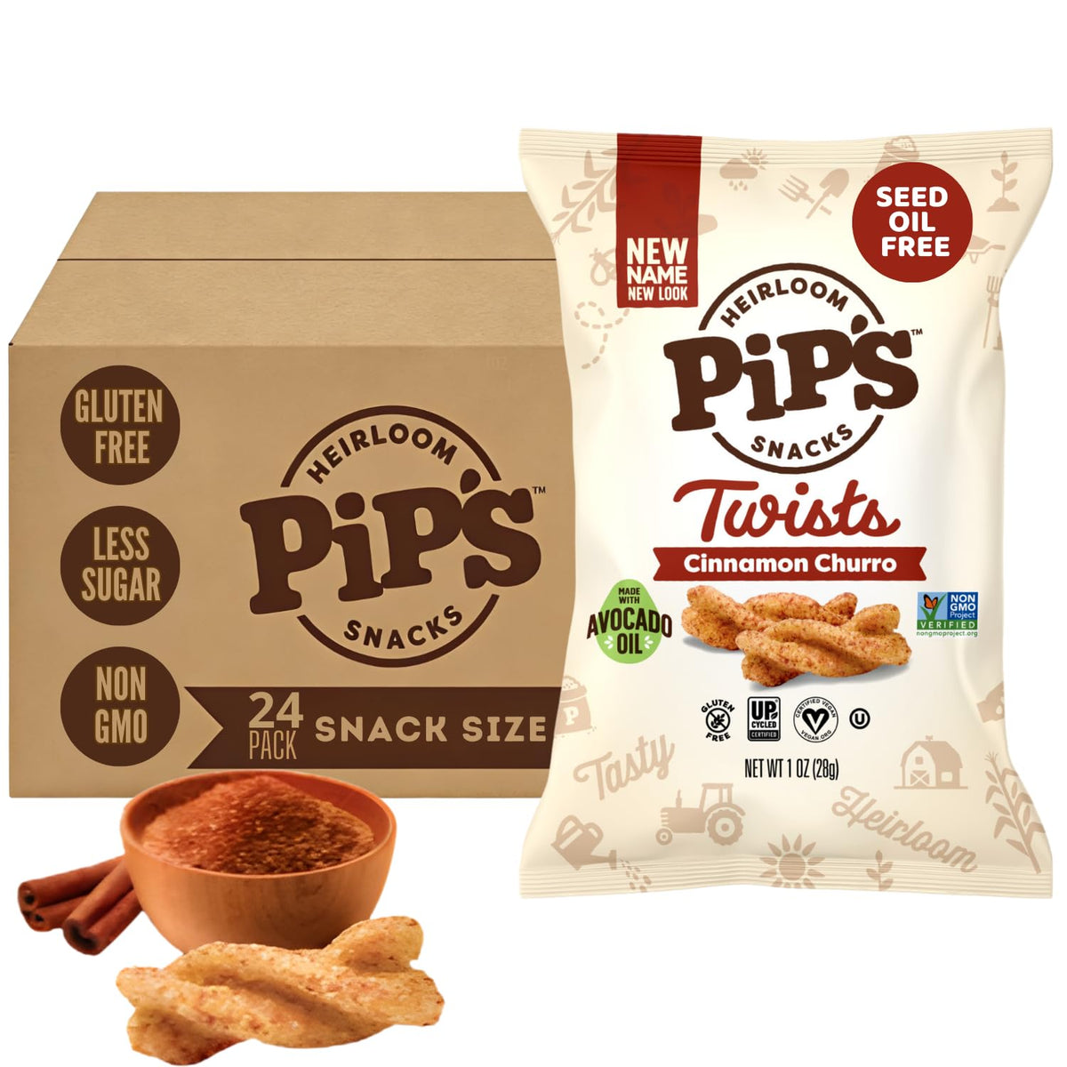 Pipcorn front packaging showing cinnamon churro twists and pack of 24 benefits