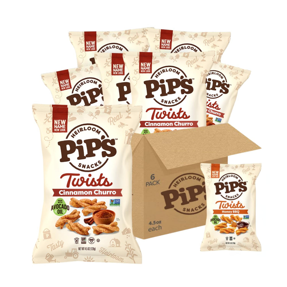 Pipcorn front packaging showing cinnamon churro twists and branding benefit savory-sweet snack