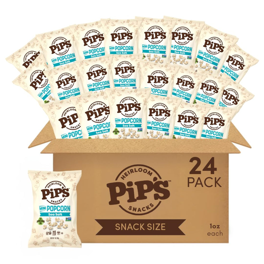 Pipcorn front packaging showing 1 oz sea salt mini popcorn and convenience