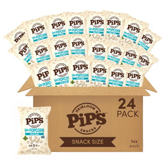 Pipcorn front packaging showing 1 oz sea salt mini popcorn and convenience
