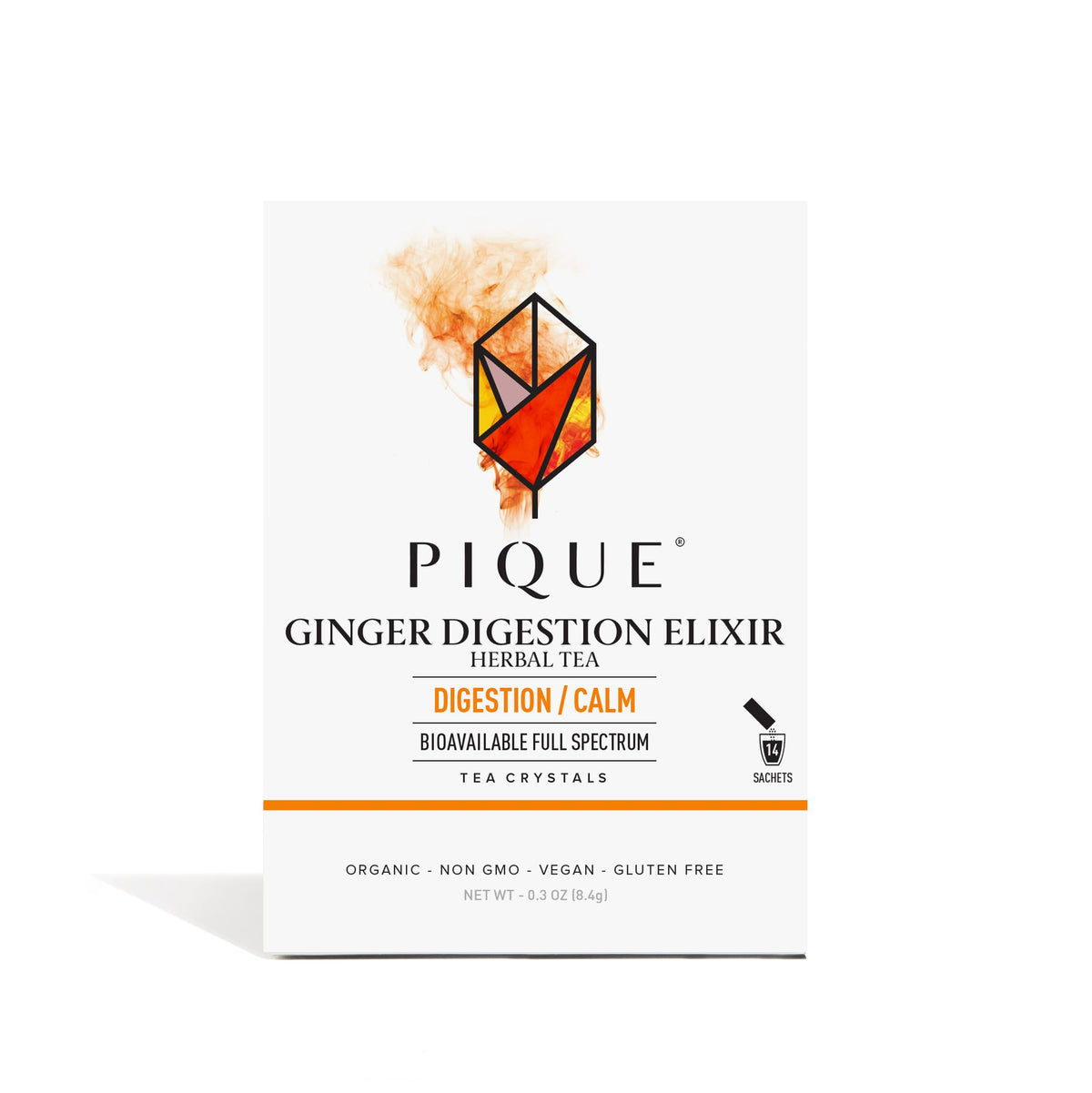 PIQUE front packaging showing ginger digestion elixir and single-serve sticks for convenience