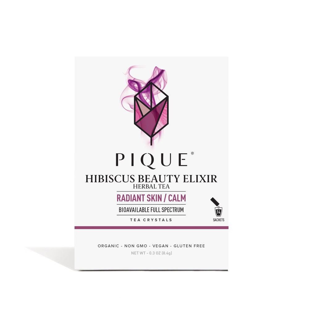 PIQUE front packaging showing 14 hibiscus sticks and organic branding benefit