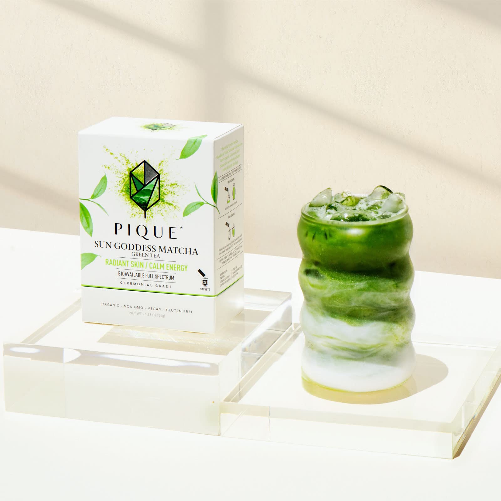 PIQUE powdered matcha texture on spoon highlighting fine grind and freshness