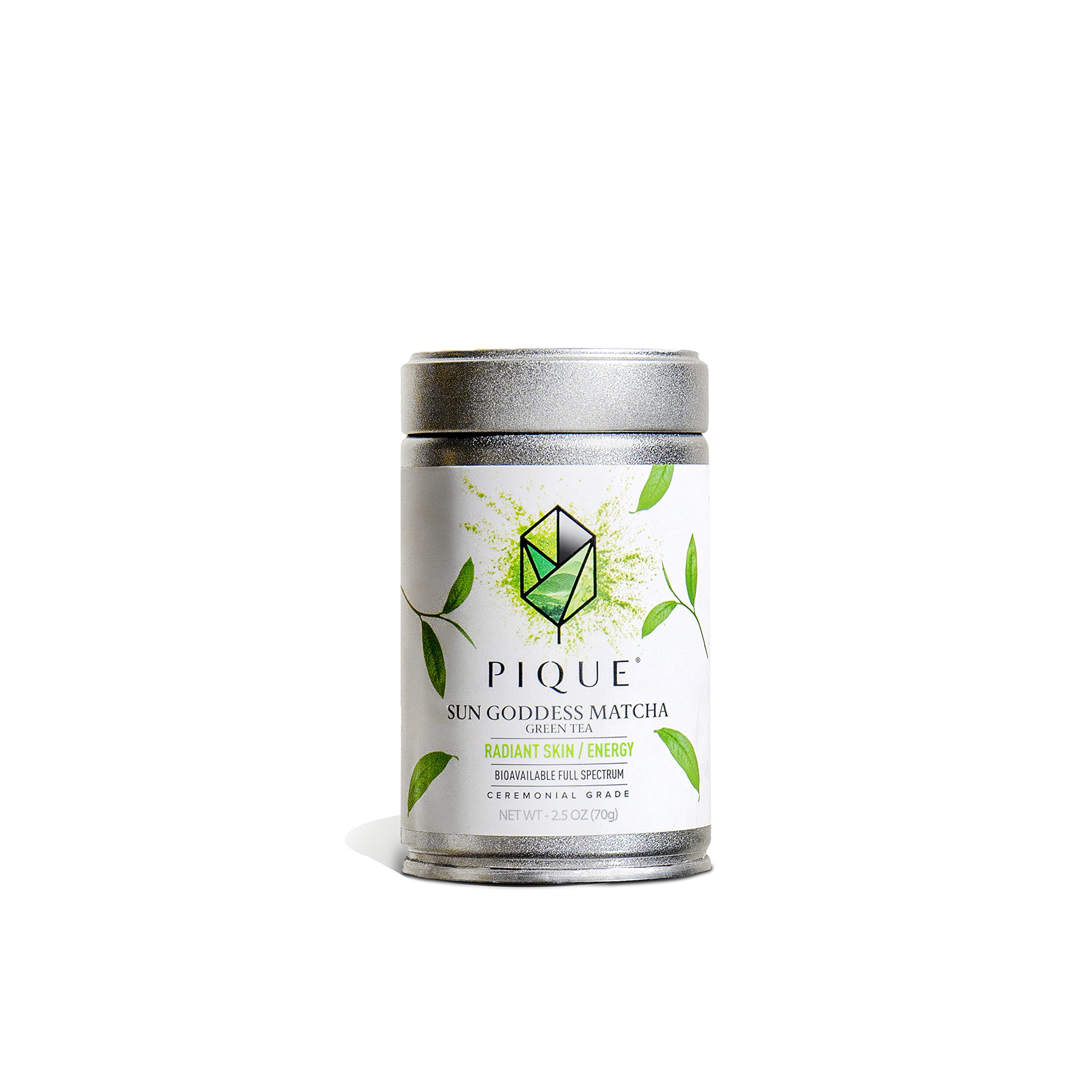 PIQUE Sun Goddess tin front showing premium packaging and organic badge