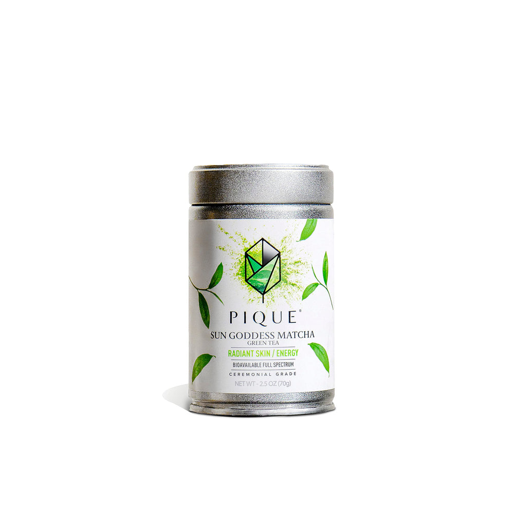 PIQUE Sun Goddess tin front showing premium packaging and organic badge