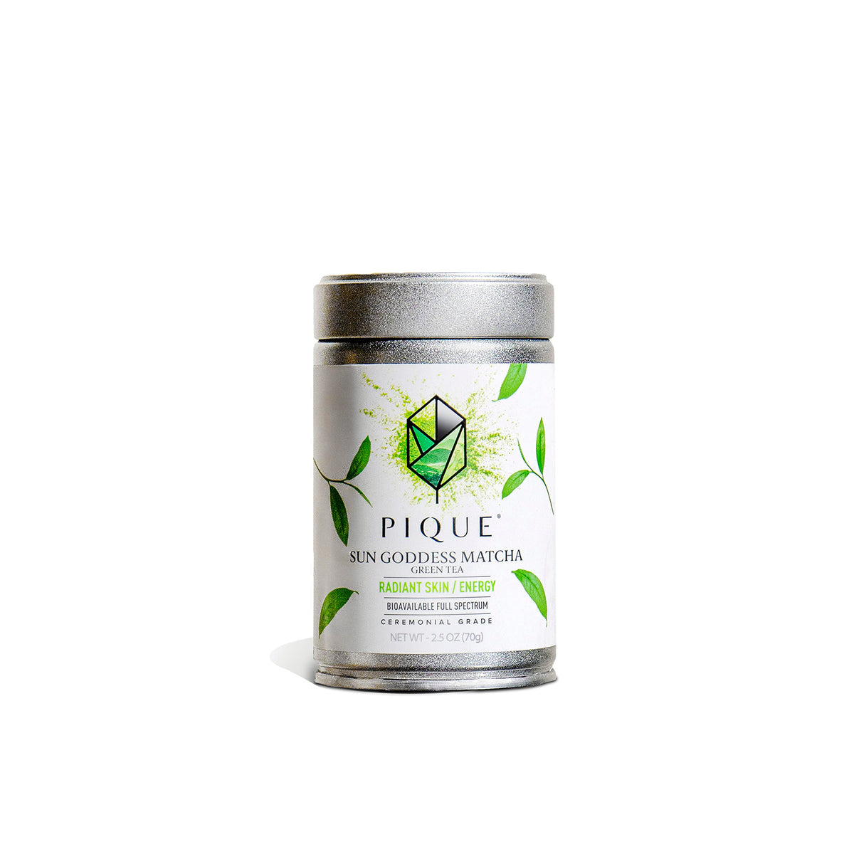 PIQUE Sun Goddess tin front showing premium packaging and organic badge