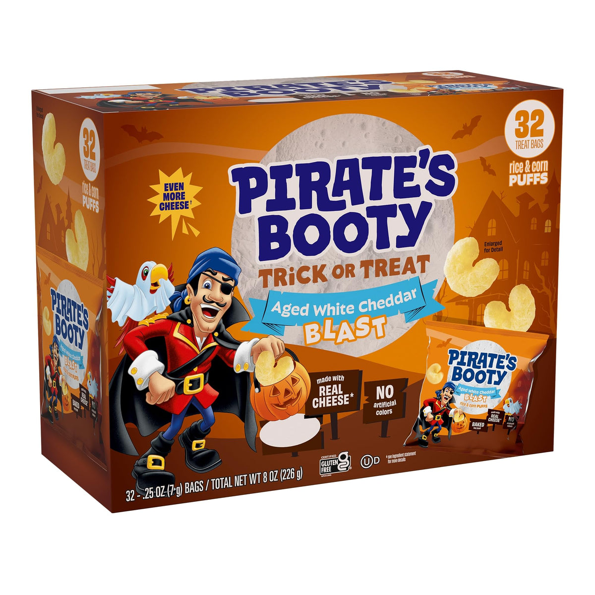 Pirate's Booty front packaging showing Halloween-themed box and serving convenience
