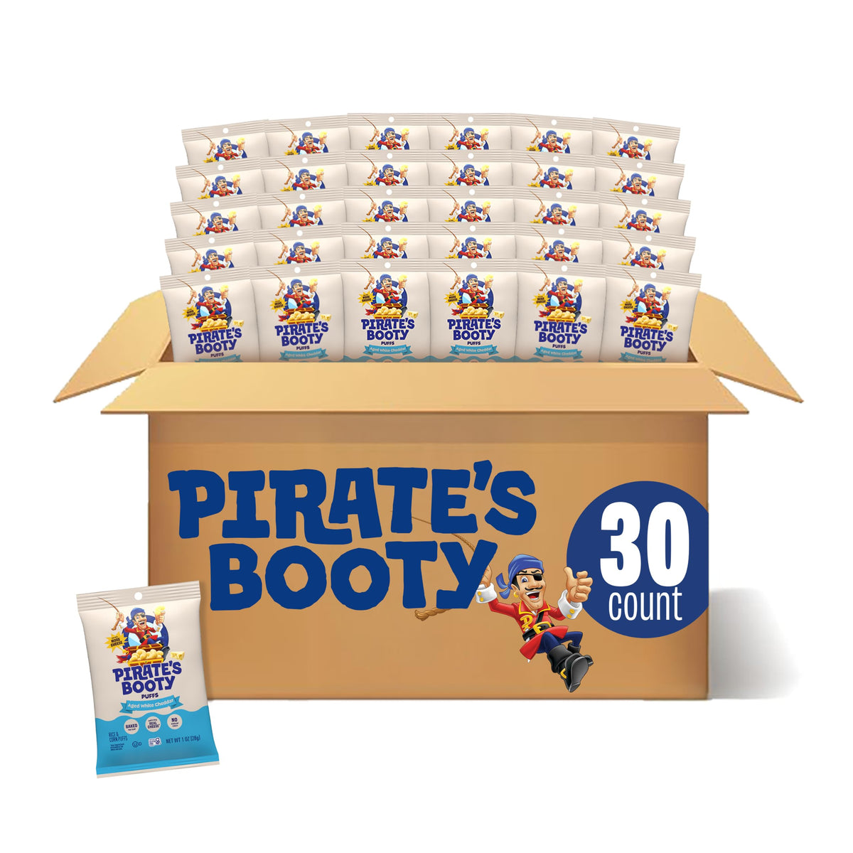 Pirate's Booty front packaging showing 30-count convenience and brand appeal