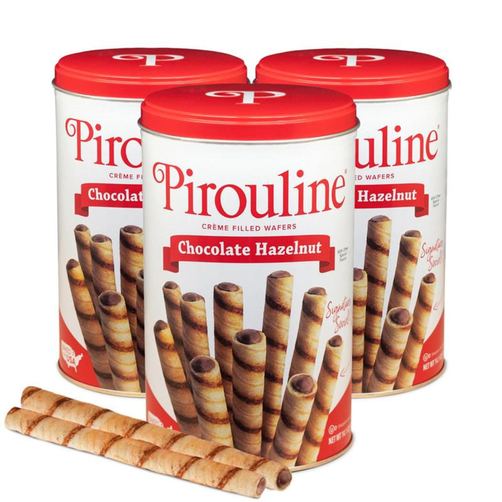 Pirouline front of tin showing chocolate hazelnut wafers and attractive gift-ready packaging