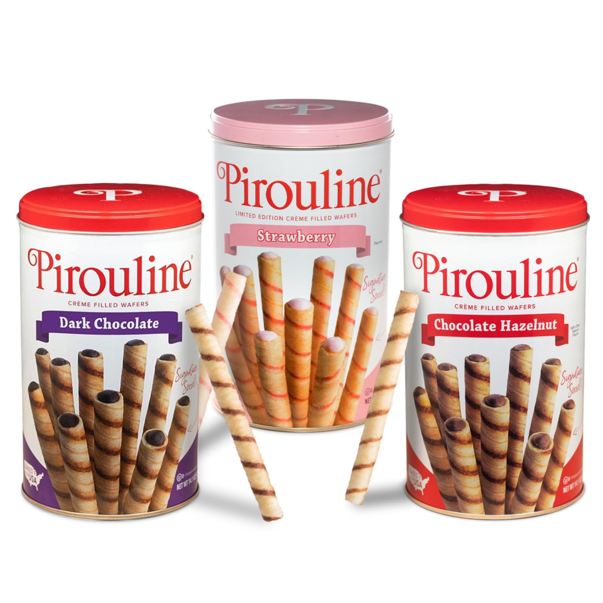 Pirouline front tin displaying brand and flavor assortment for gifting