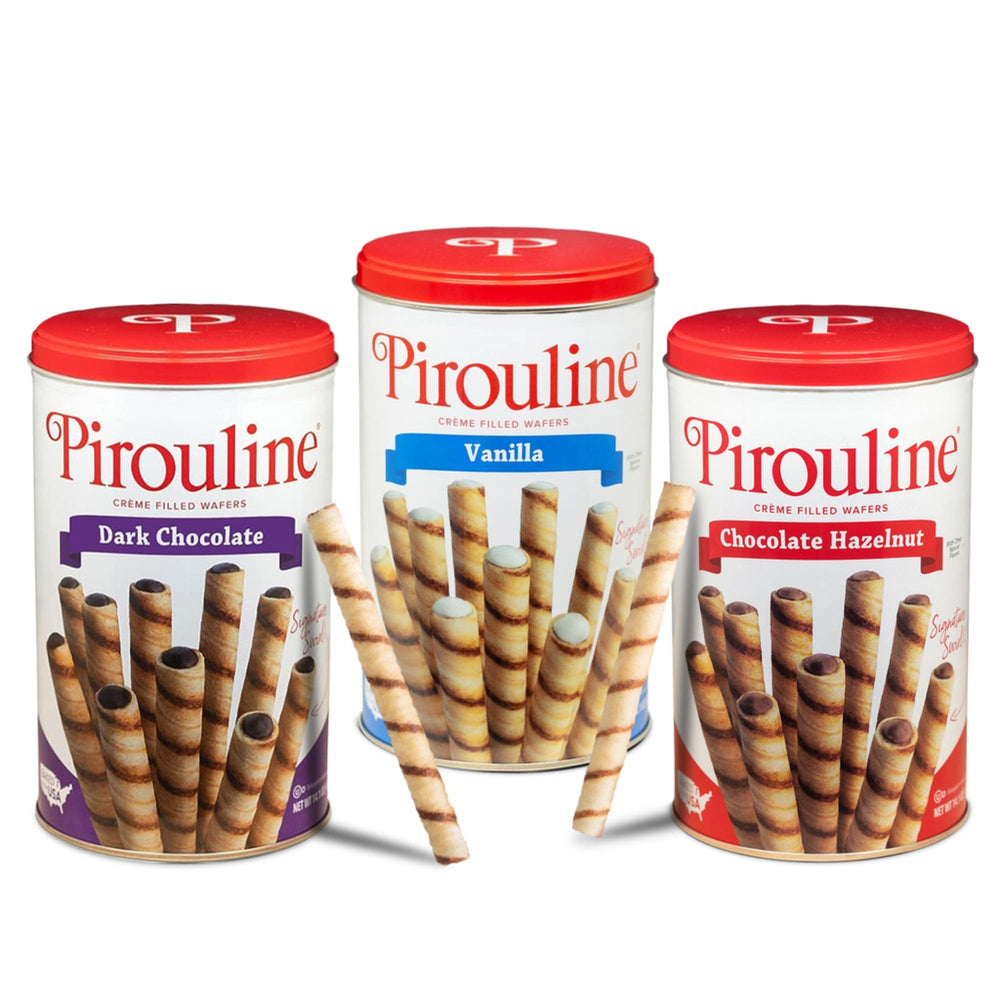Pirouline front tins trio showing variety pack and branded presentation benefit gifting