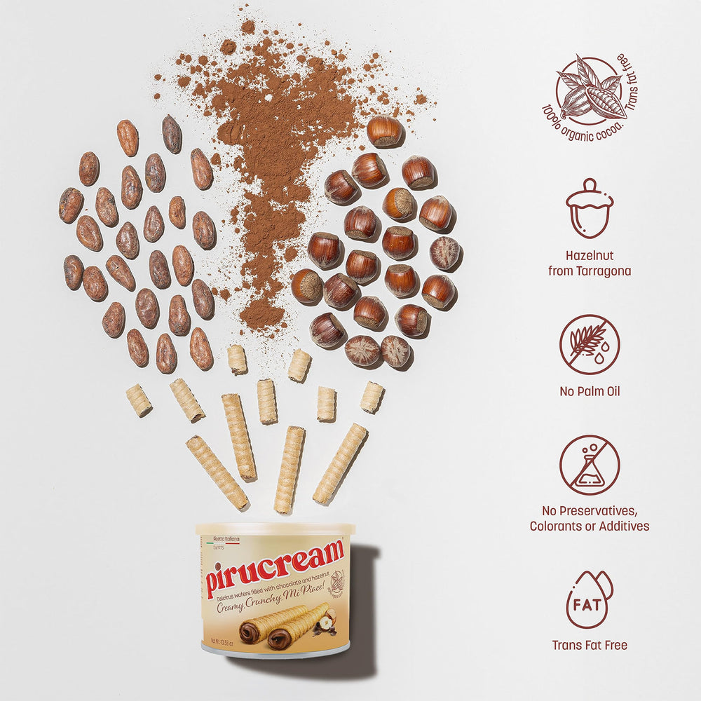 Pirucream open can revealing rolled wafers inside for convenient serving and storage