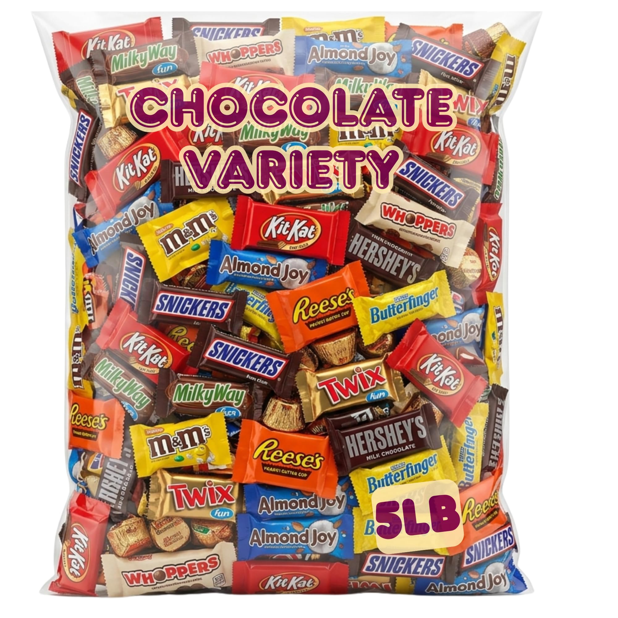Pisoka front packaging view showing five-pound bag and mixed mini chocolates for easy serving