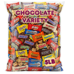 Pisoka front packaging view showing five-pound bag and mixed mini chocolates for easy serving