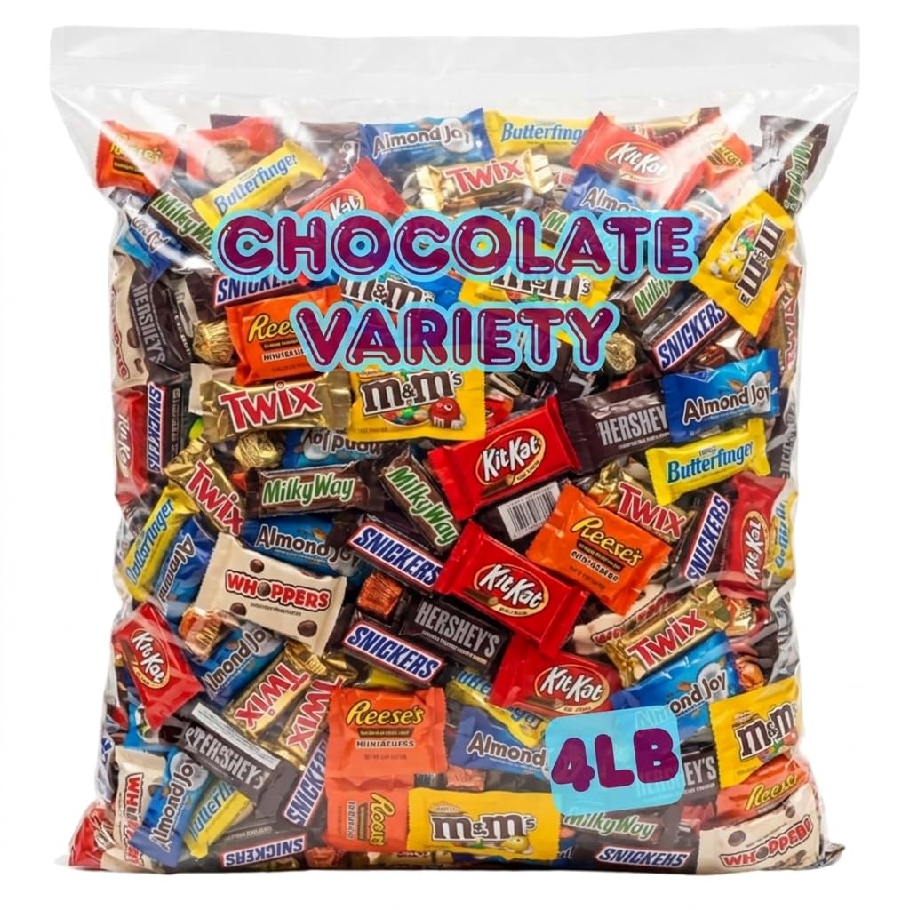Pisoka front packaging of 4 lb sealed bulk chocolate assortment showing variety and convenience