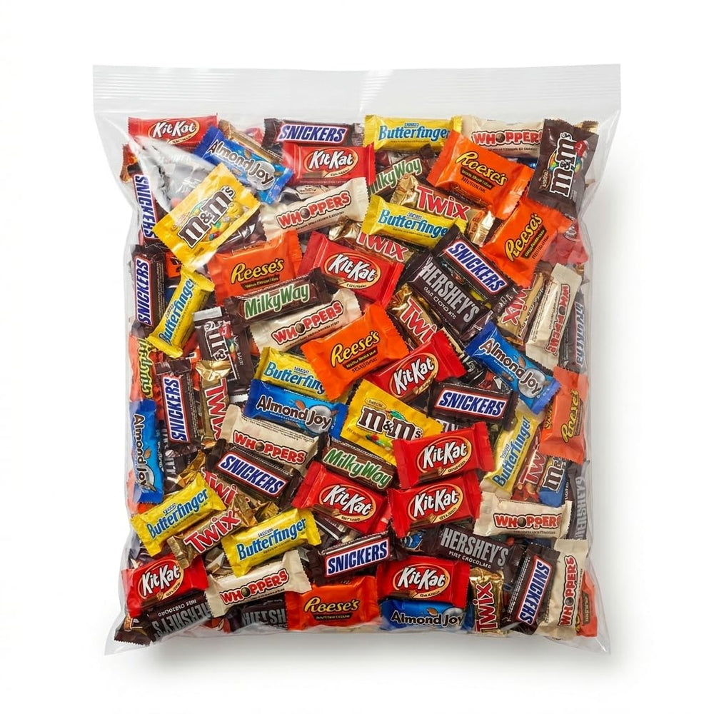 Pisoka front packaging showing 2 lb bag and assorted chocolates, convenient bulk storage