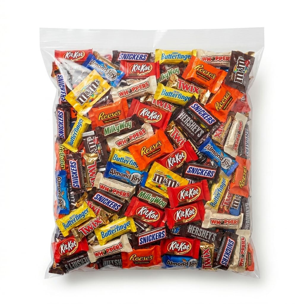 Pisoka front packaging showing 2 lb bag and assorted chocolates, convenient bulk storage