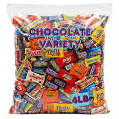 Pisoka front packaging of 4 lb sealed bulk chocolate assortment showing variety and convenience