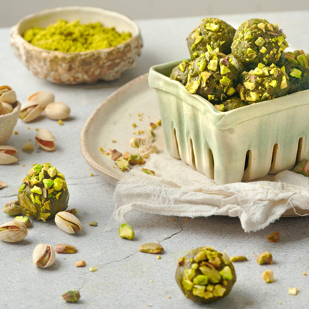 The Pistachio Factory pistachio flour label showing gluten-free and vegan certifications