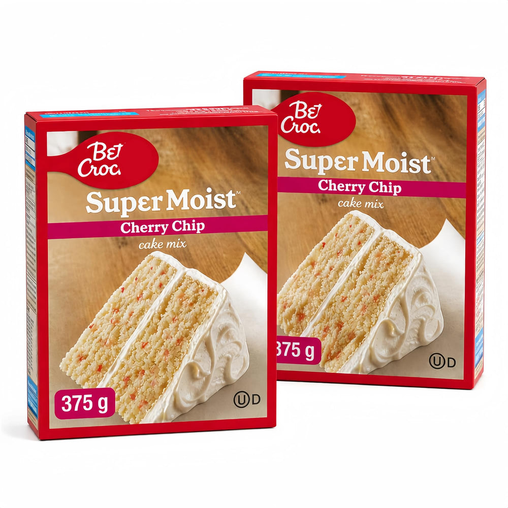 Pistek front packaging showing two sealed cherry chip cake mix boxes and clear labeling for easy baking