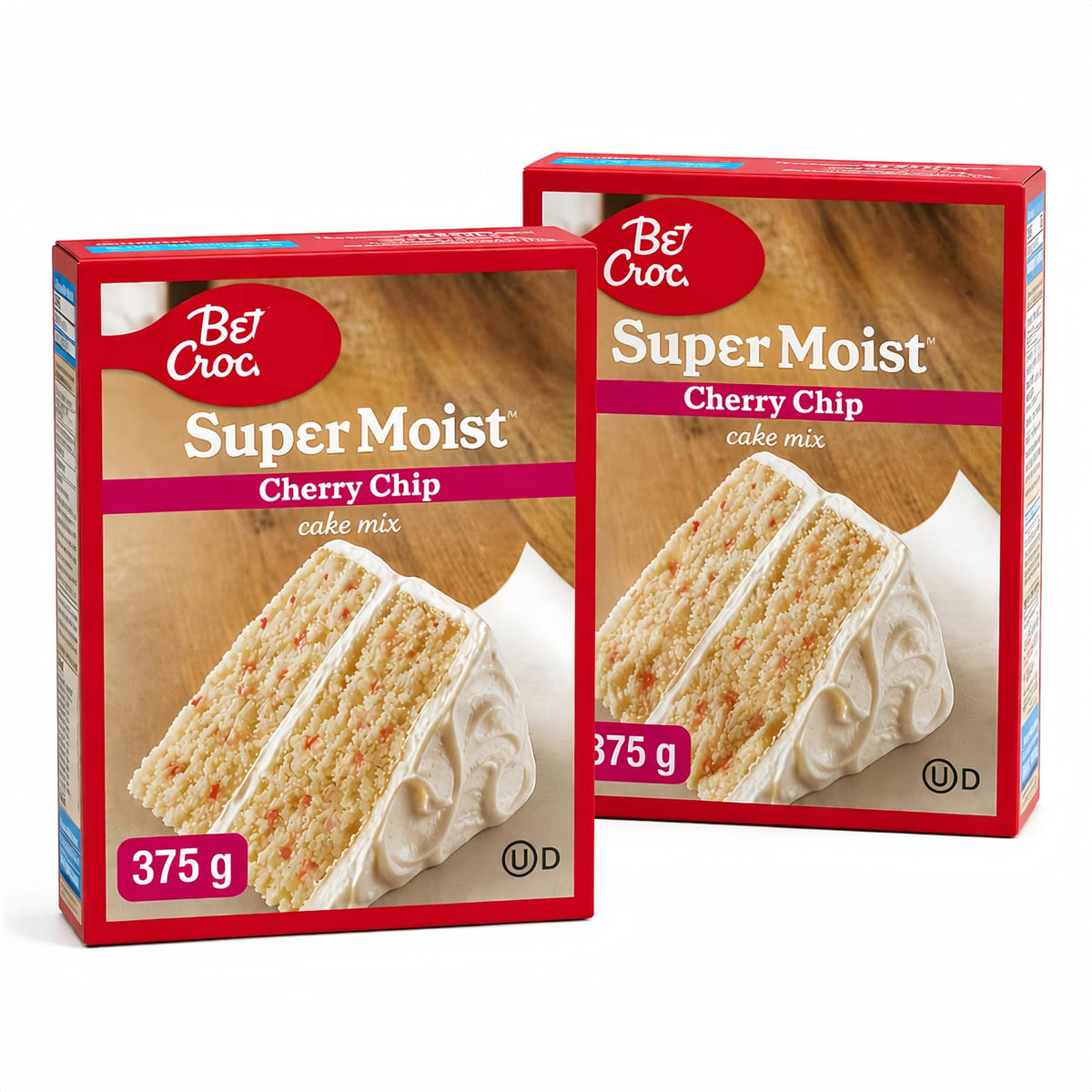 Pistek front packaging showing two sealed cherry chip cake mix boxes and clear labeling for easy baking