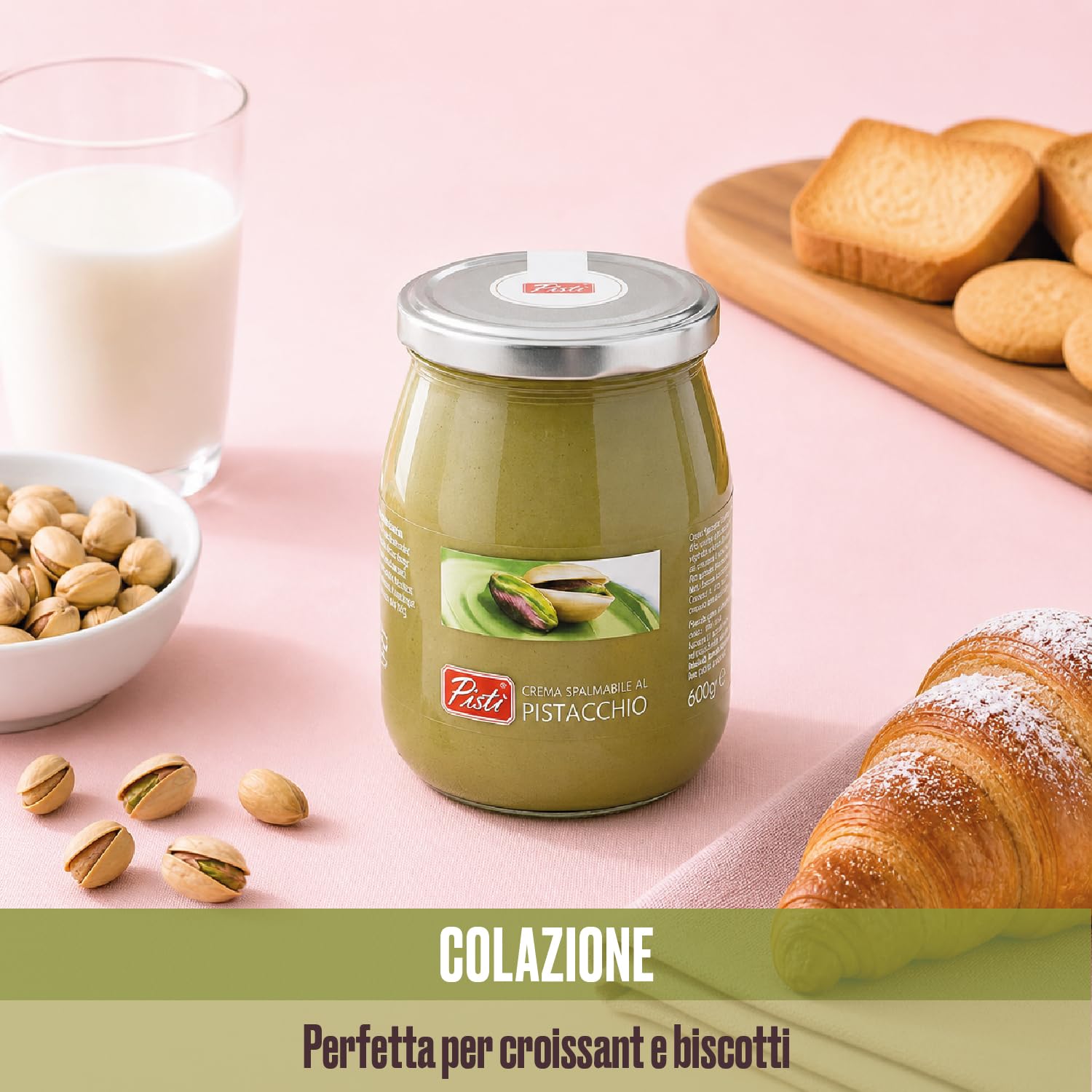Pistì jar with shelled pistachios for scale and natural-ingredient reassurance