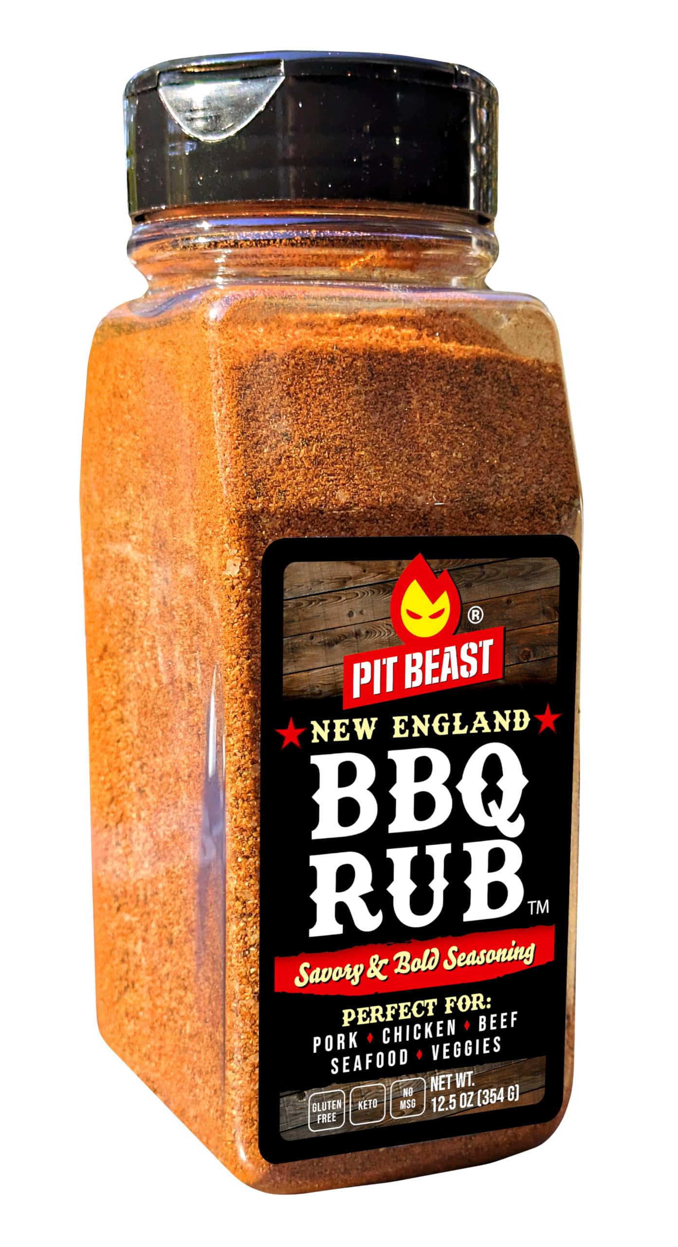Pit Beast front label shows bold seasoning and product size advantage