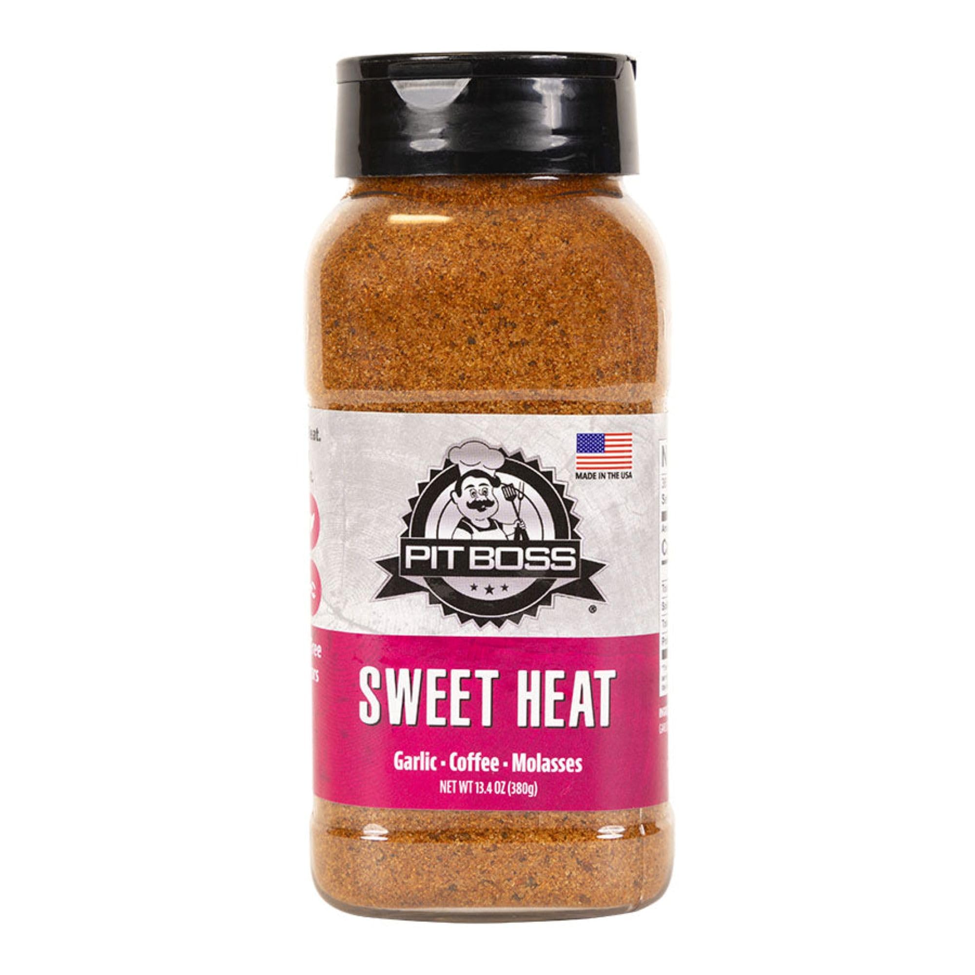 Pit Boss front label jar showing product and bold sweet-heat flavor benefit