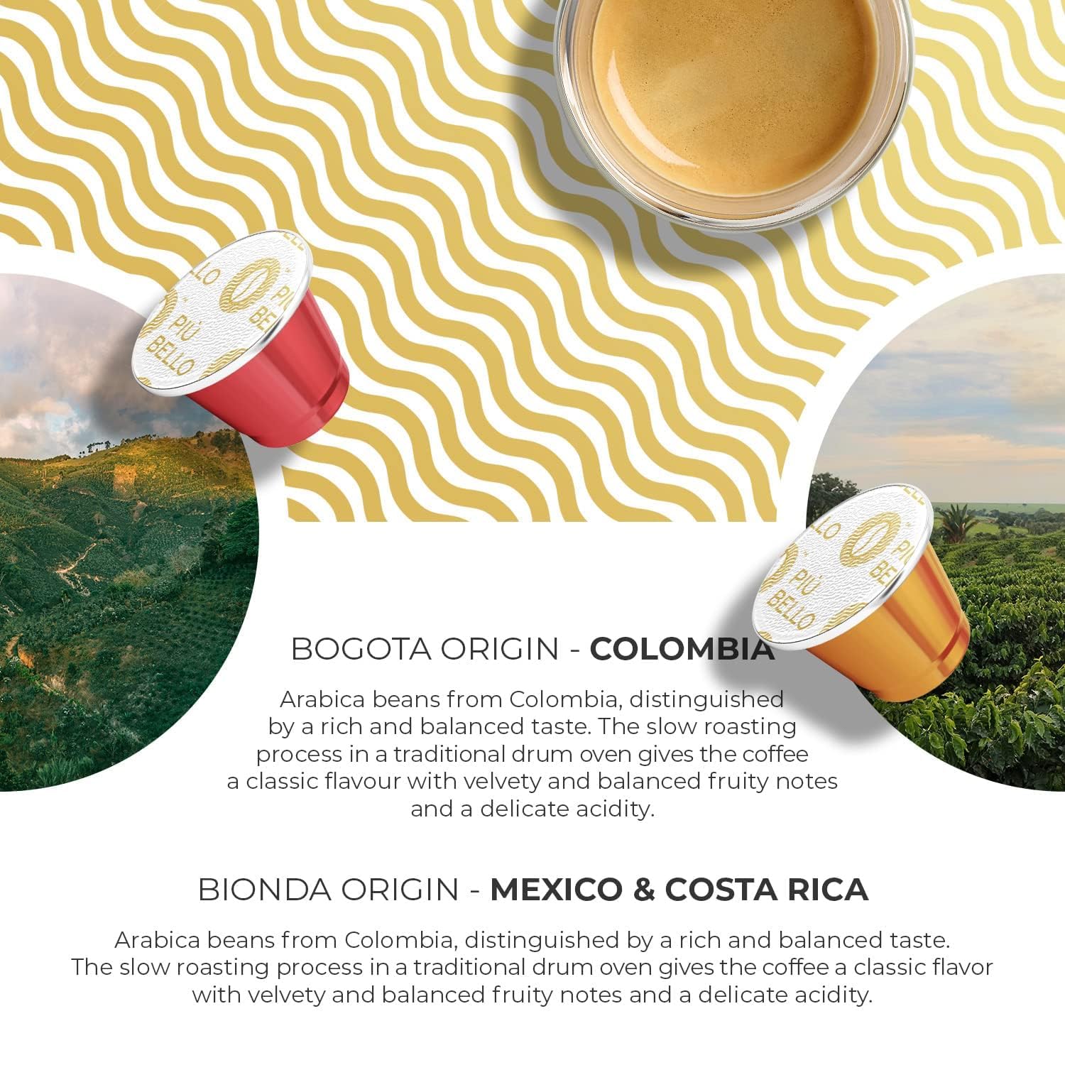 PIU BELLO brewed espresso in cup with crema demonstrating rich extraction