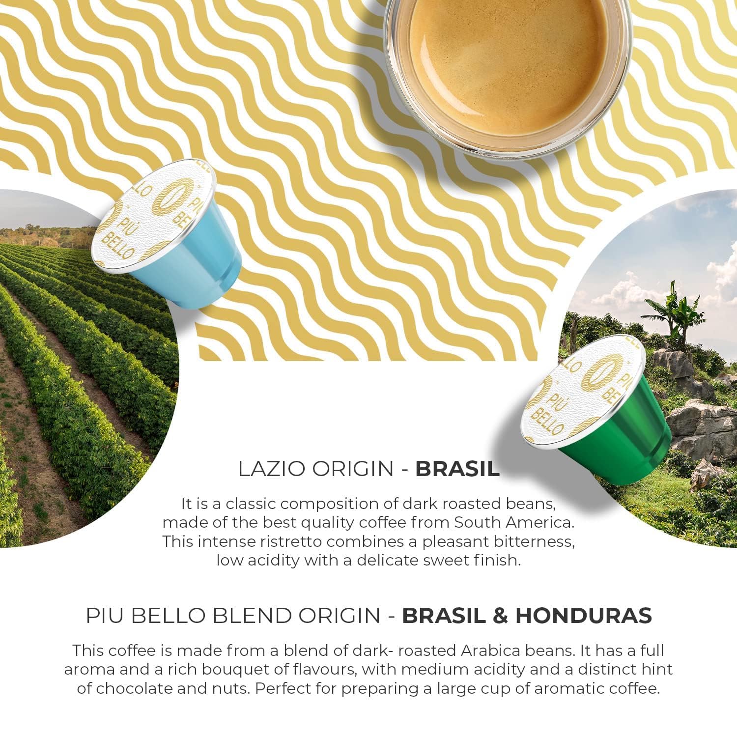 PIU BELLO flavor lineup display of six capsules for easy taste selection