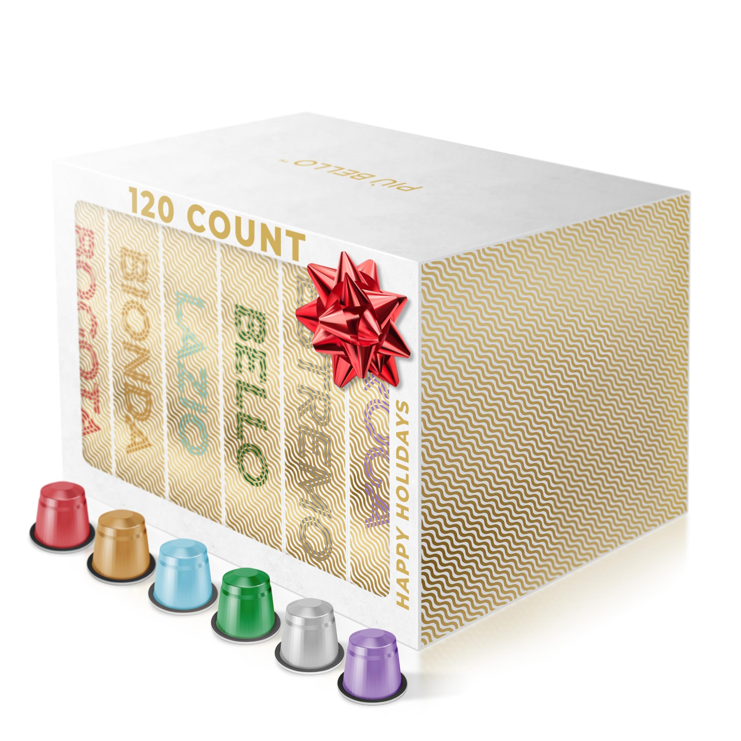 PIU BELLO front packaging showing 120-count variety pack and convenience