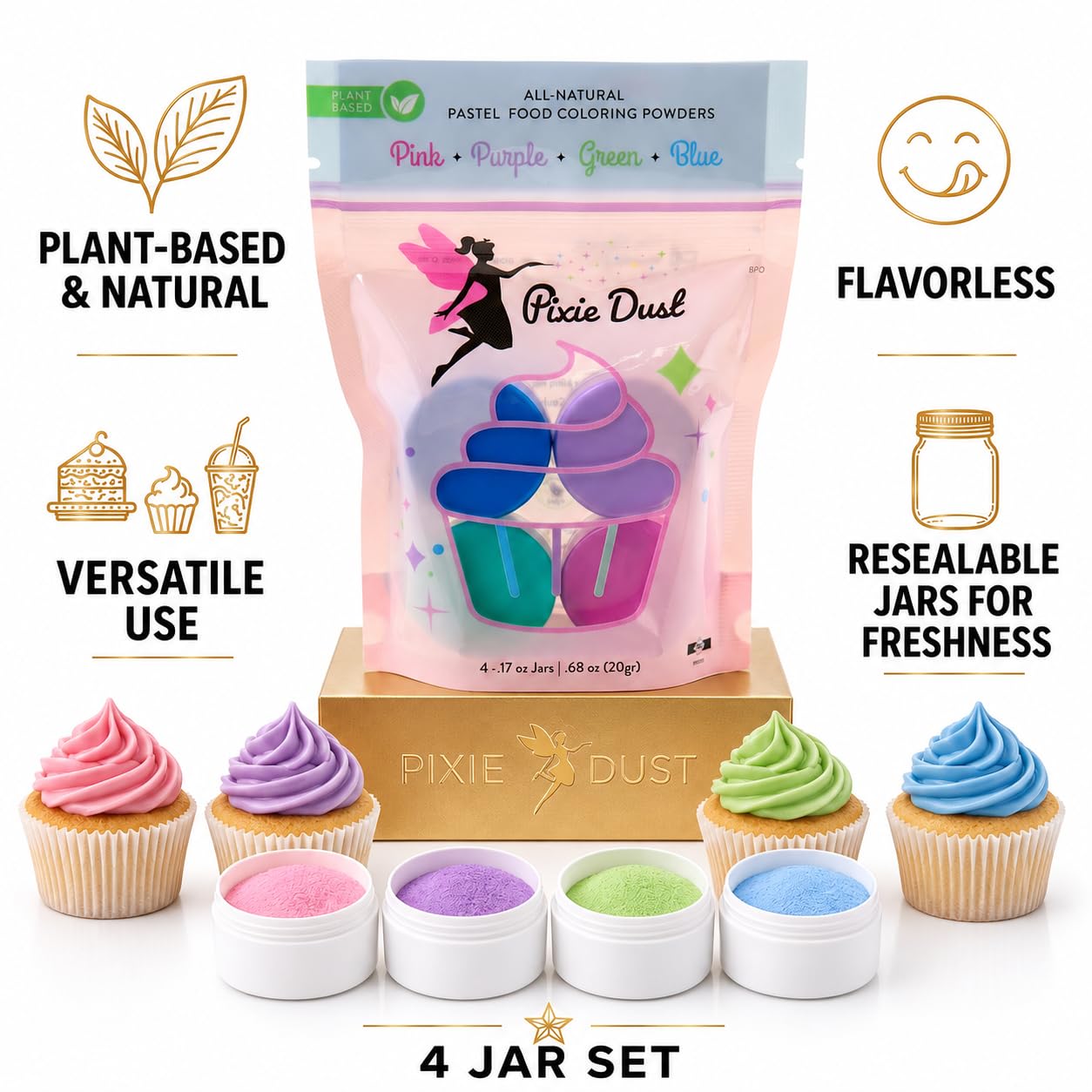 Pixie Dust open jars top view revealing pink, purple, blue and green powders for quick use