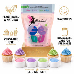 Pixie Dust open jars top view revealing pink, purple, blue and green powders for quick use
