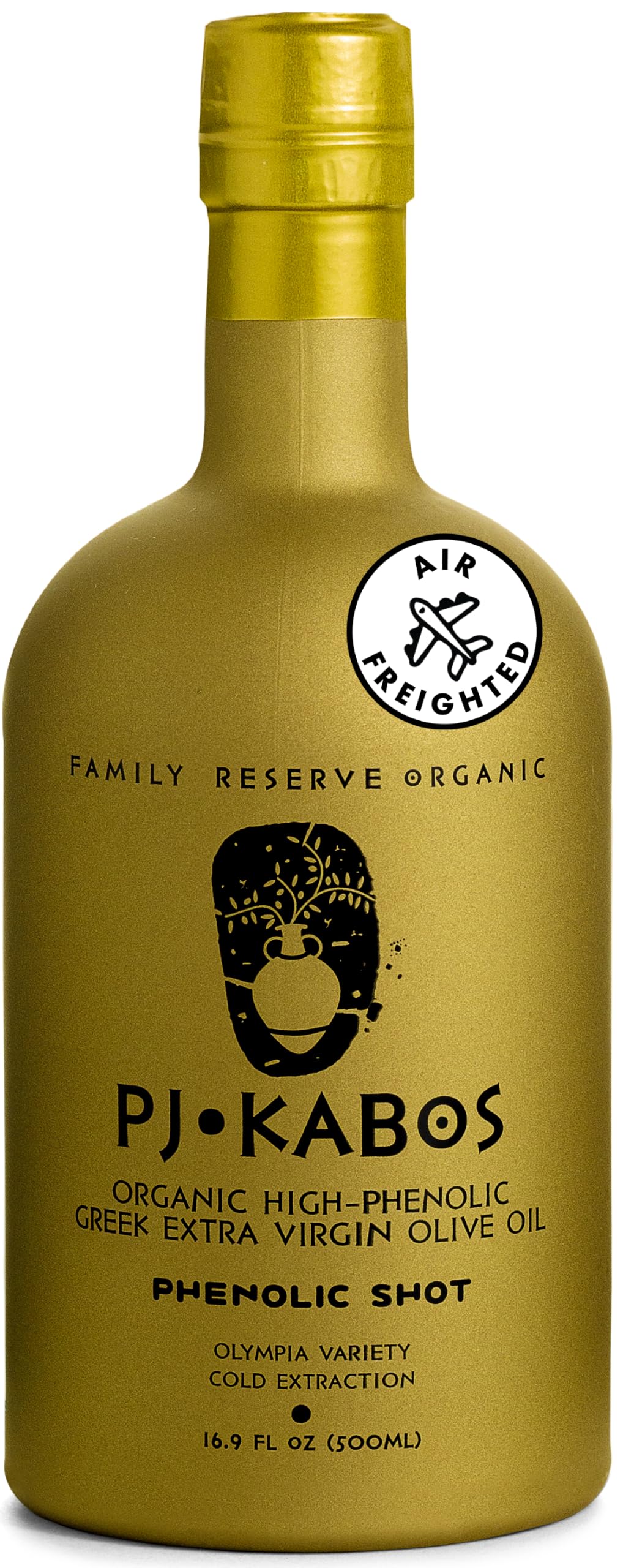 P.J. KABOS front bottle showing dark glass and family reserve branding for freshness