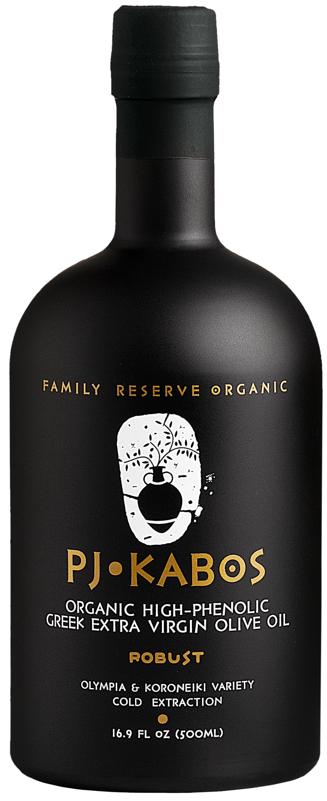 P.J. KABOS front label on 16.9oz bottle showing certifications and robust flavor
