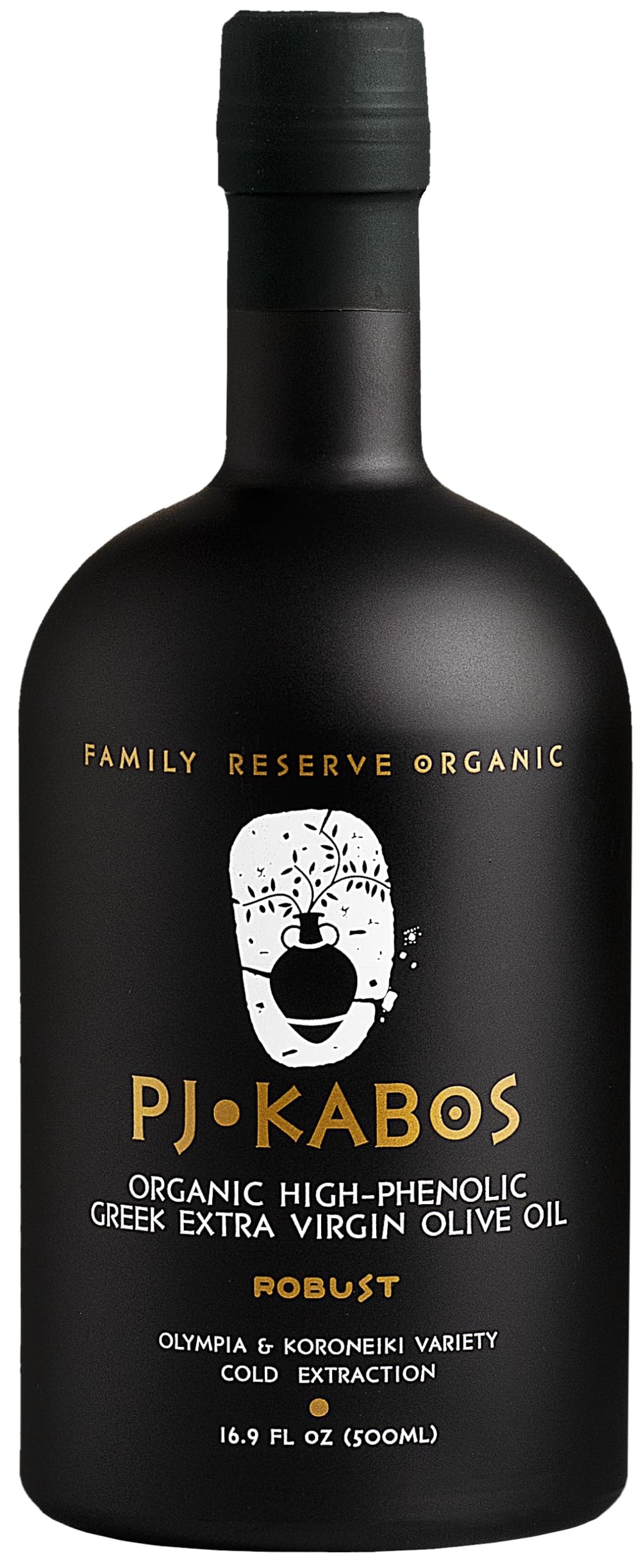 P.J. KABOS front label on 16.9oz bottle showing certifications and robust flavor