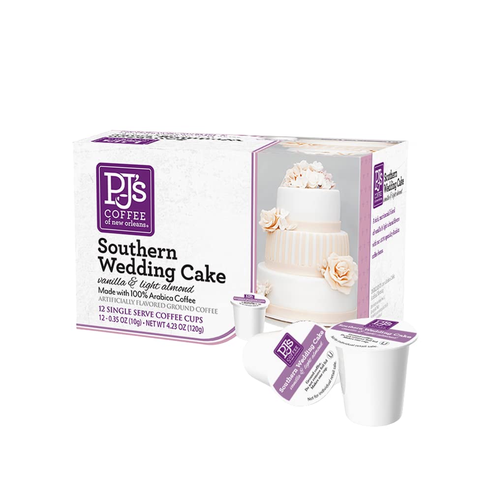PJ's Coffee front packaging showing 12-count Wedding Cake pods and clear brand identity for quick recognition