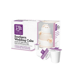 PJ's Coffee front packaging showing 12-count Wedding Cake pods and clear brand identity for quick recognition