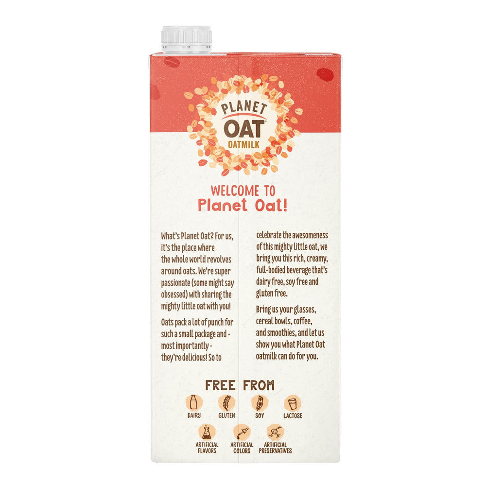 Planet Oat label highlighting calcium content and non-GMO verification benefits