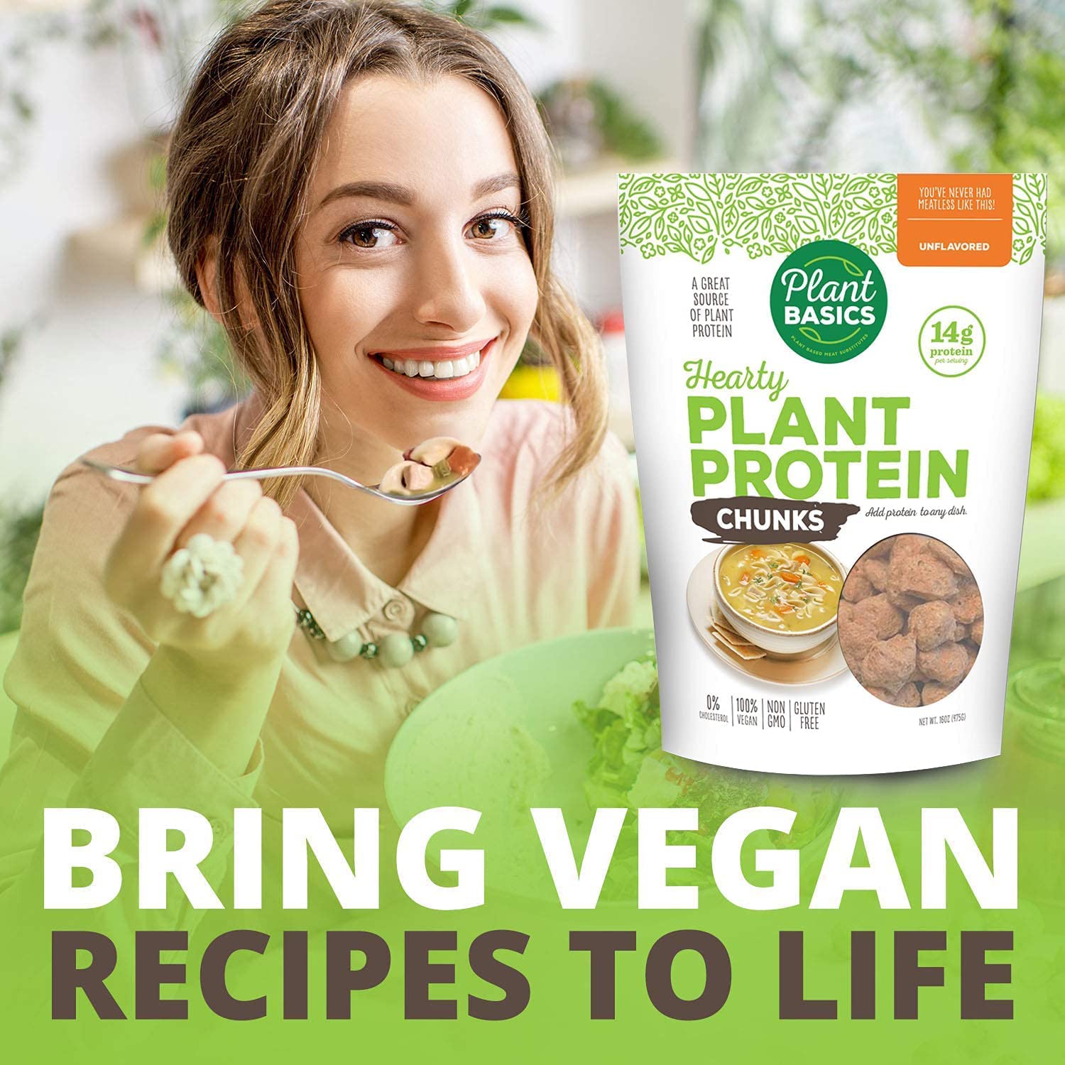 Plant Basics nutrition label close-up showing non-GMO and gluten-free benefits