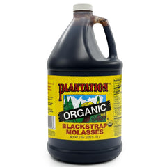 Plantation blackstrap molasses gallon front packaging showing organic seal and robust syrup benefit