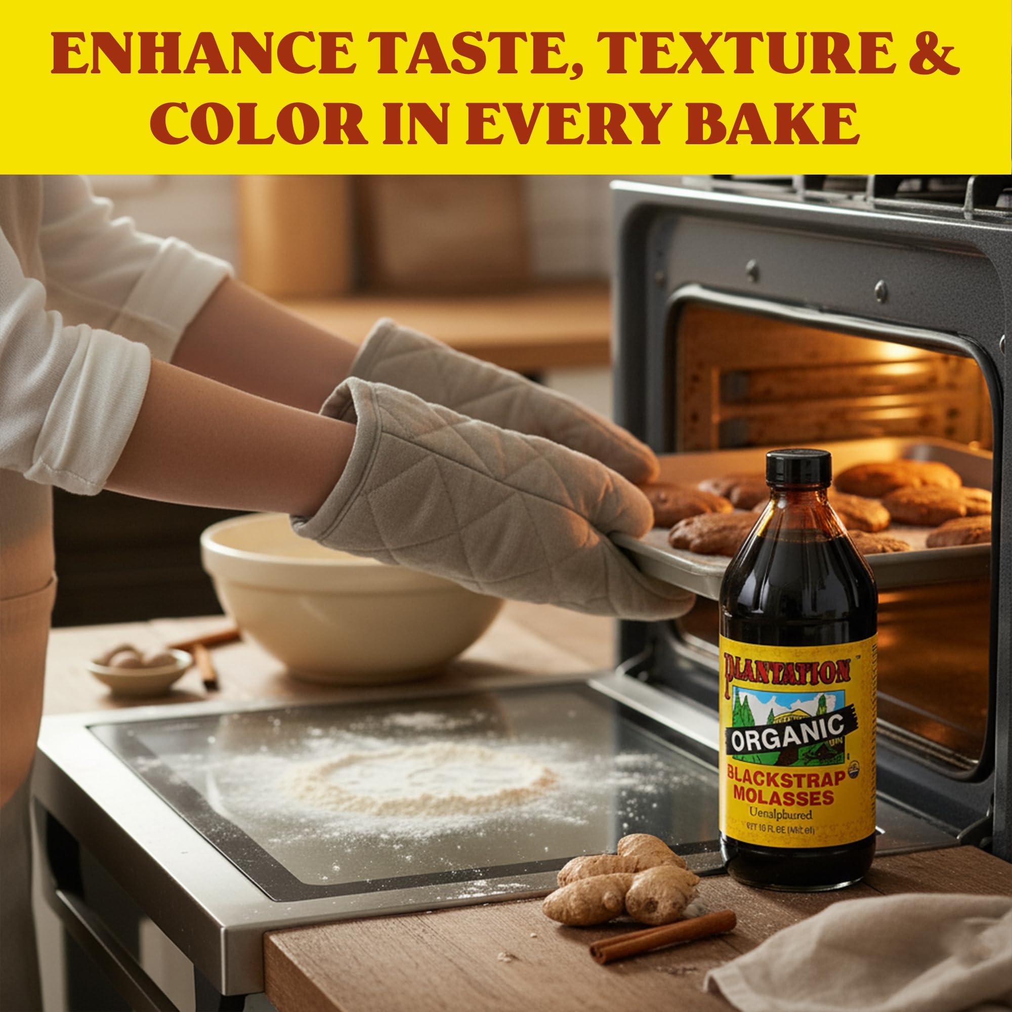 Plantation molasses staged with baking ingredients, showing benefit for cookies and breads