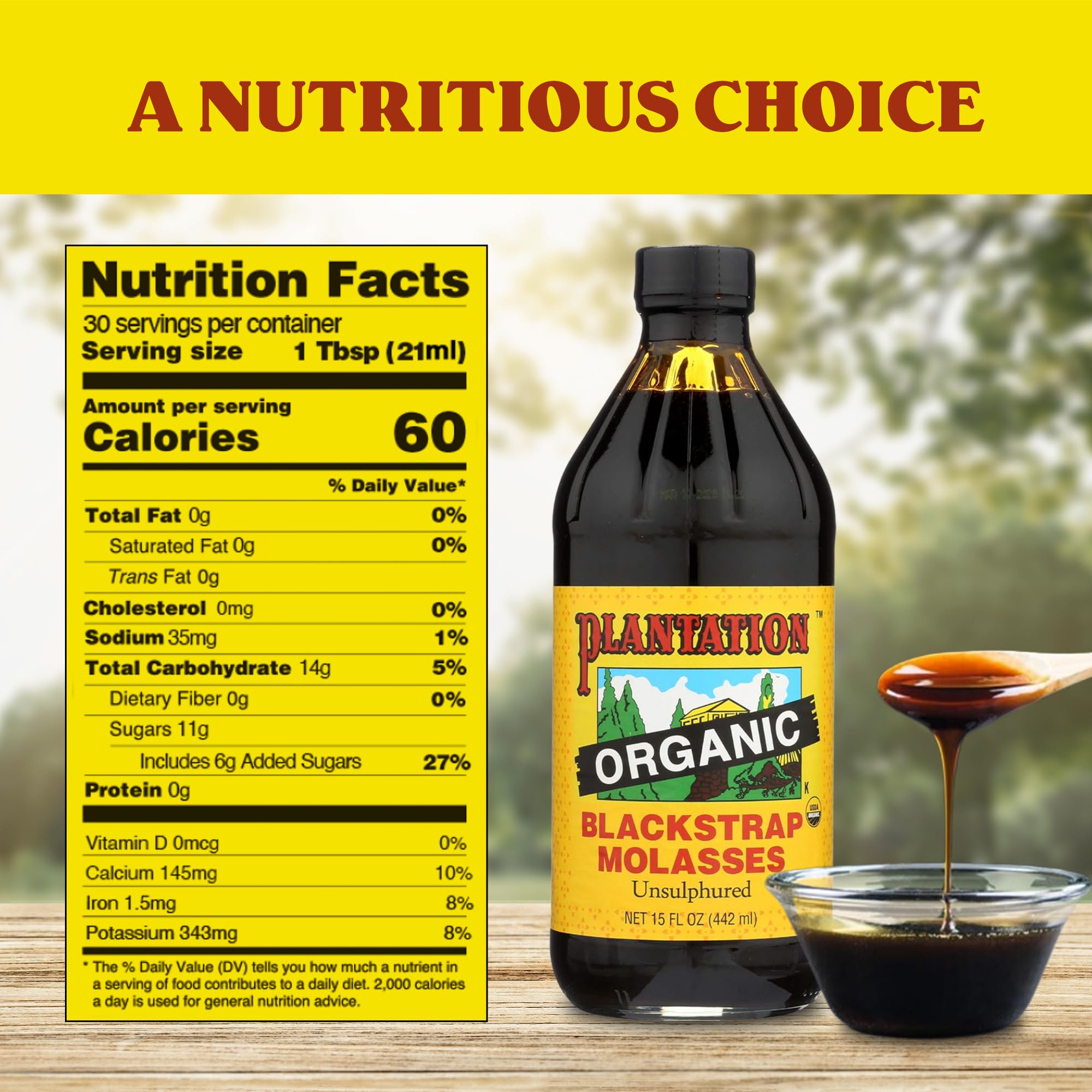 Close-up of Plantation label focusing on USDA Organic and unsulphured certification benefits