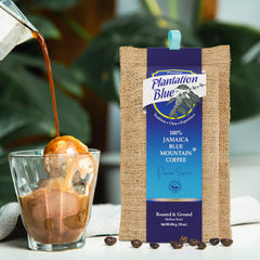 Plantation Blue label and roast close-up highlighting certified origin benefit