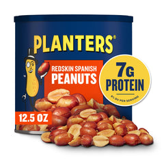 PLANTERS close-up of redskin peanuts, skin-on texture enhances crunch