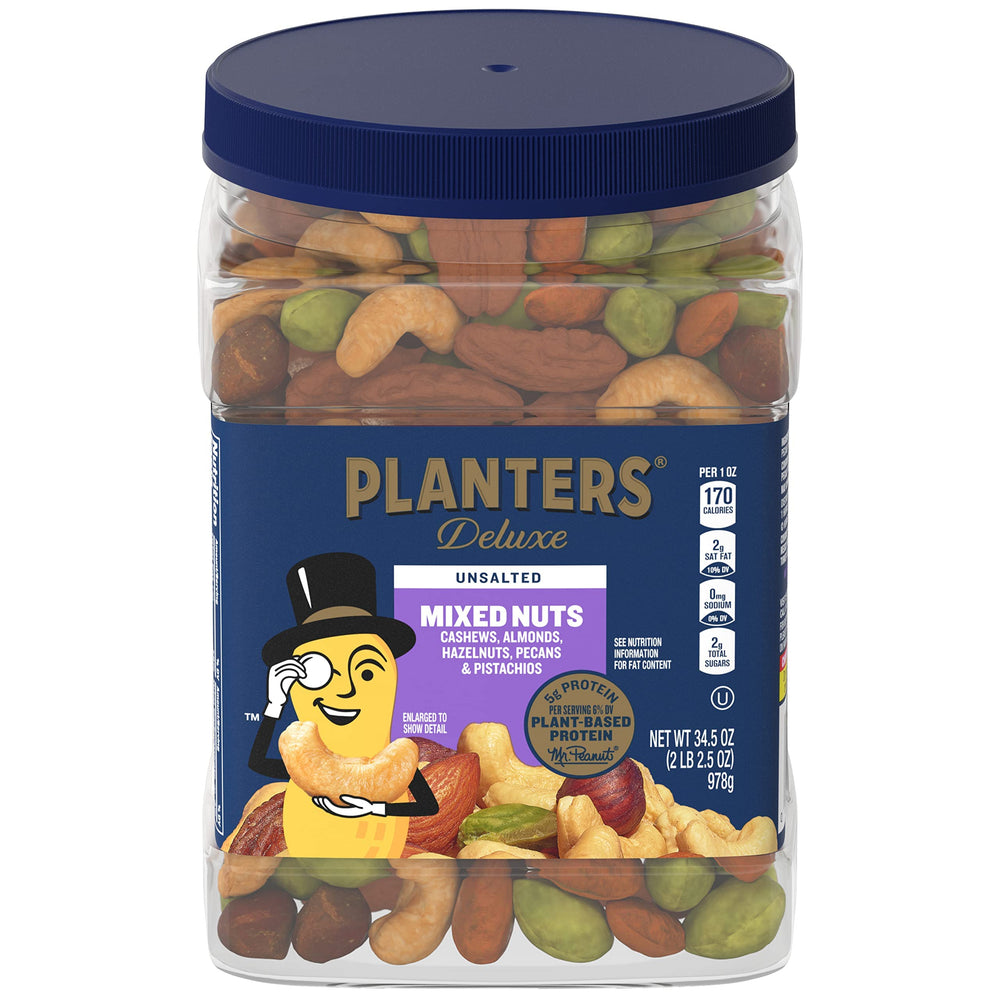 PLANTERS front packaging view showing resealable tub and nut variety, highlights convenience