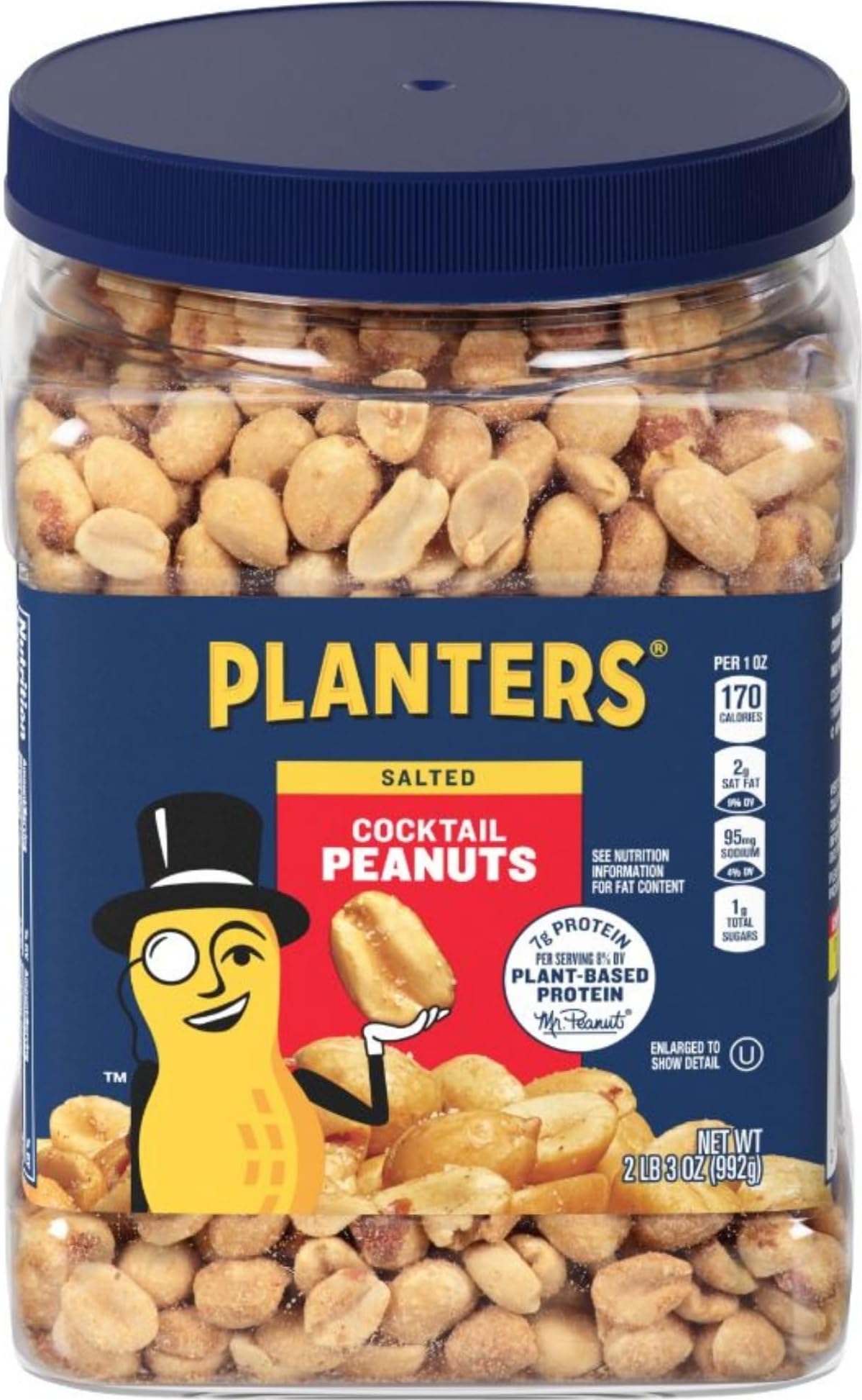 PLANTERS front label on resealable jar showing brand and weight, convenient storage benefit