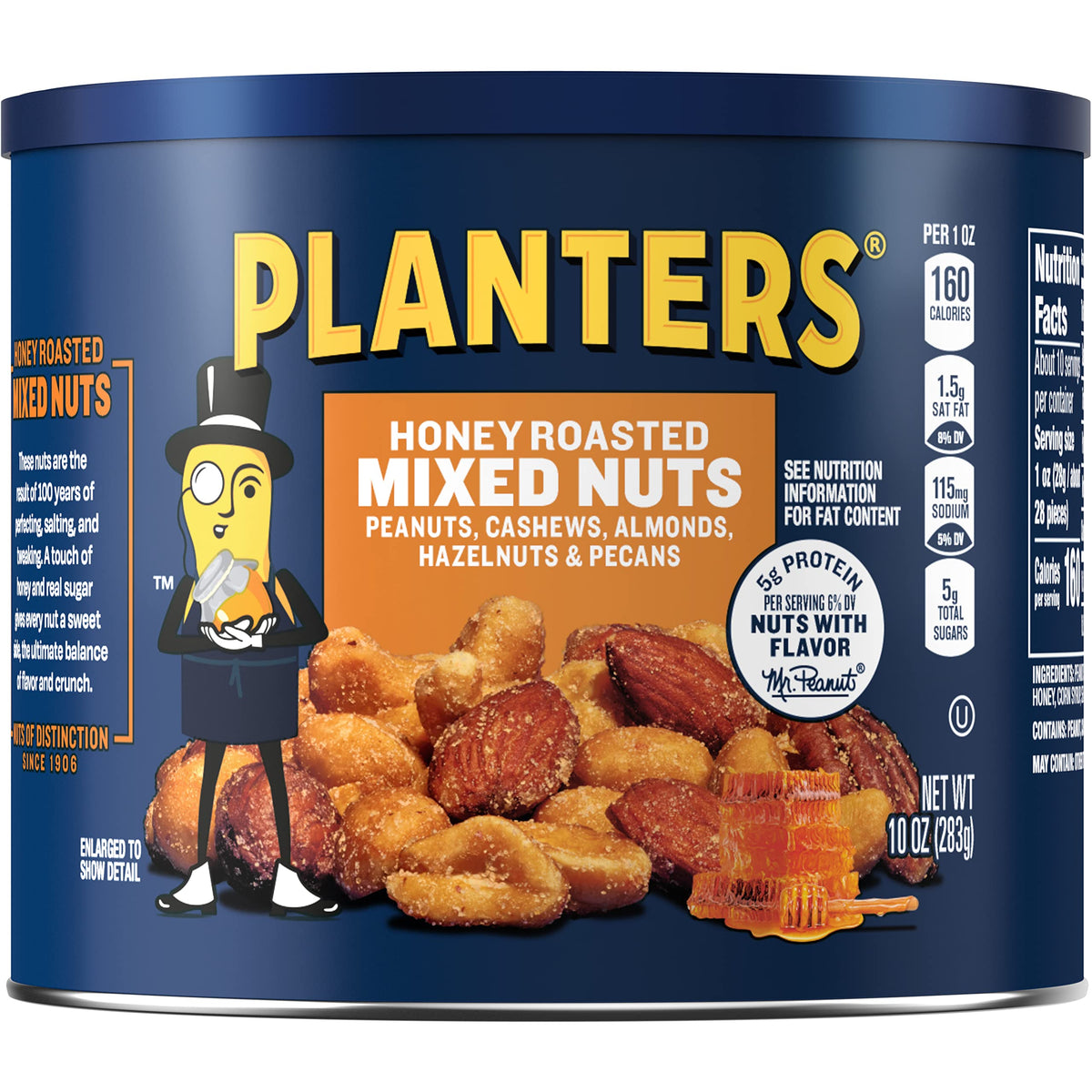 PLANTERS front packaging showing six honey roasted canisters for convenient snacking