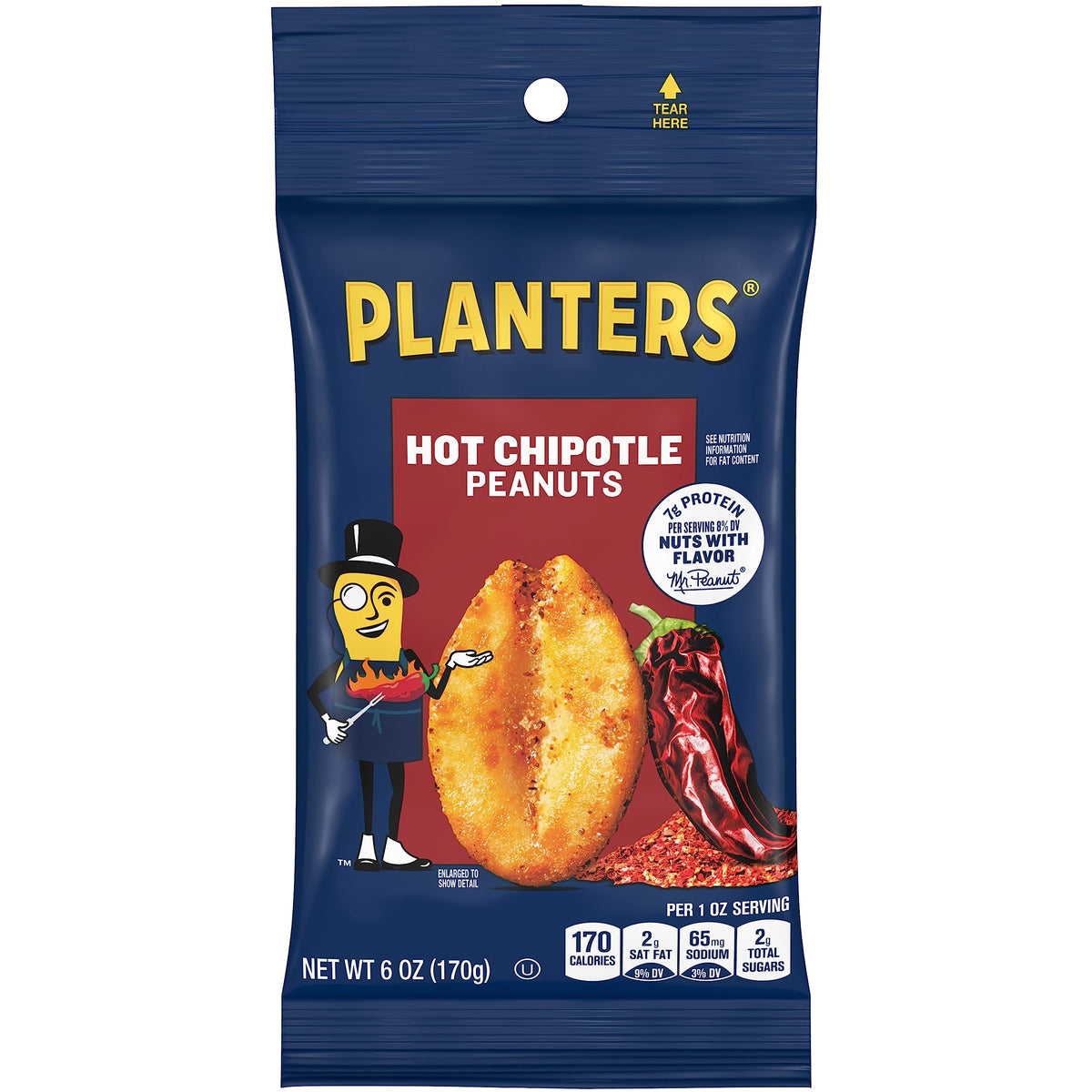 PLANTERS front packaging showing bag and bold chipotle flavor benefit